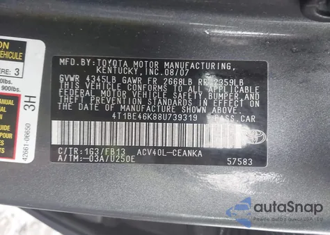 2008 Toyota Camry Le из США, поврежденный, VIN 4T1BE46K88U739319